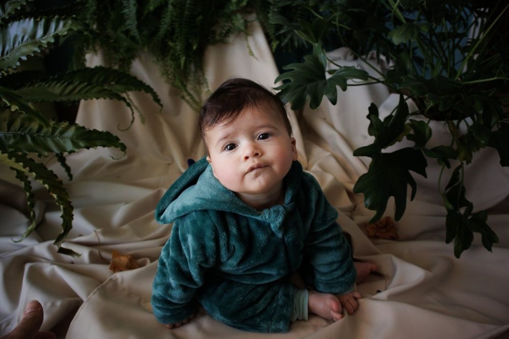 Foto original de bebê entre plantas, antes da edição