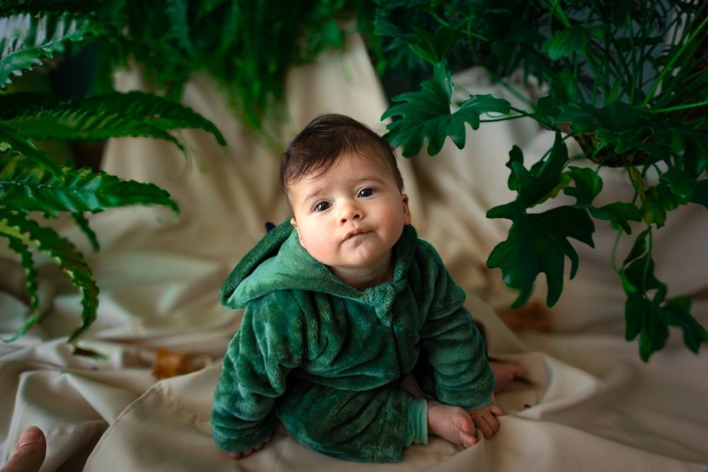 Foto editada de bebê entre plantas