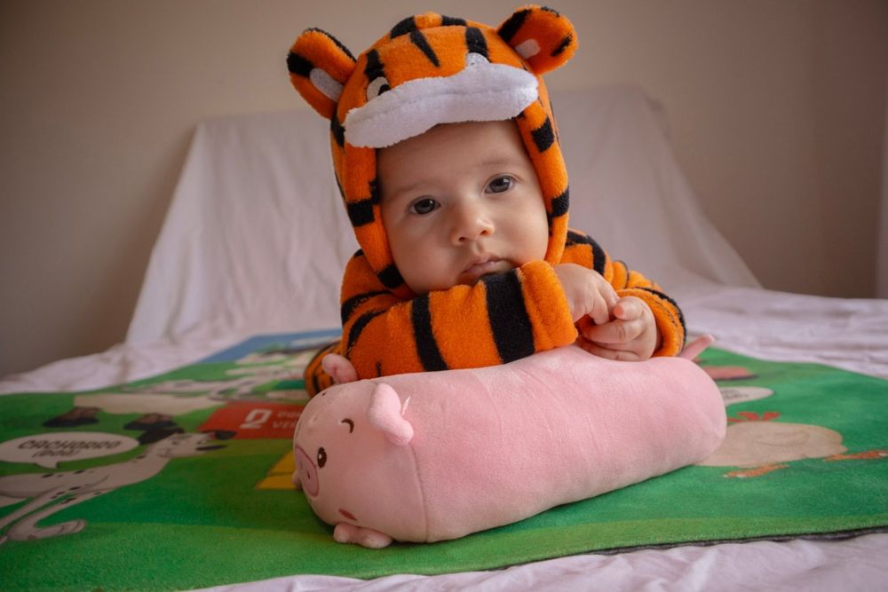 Foto original de bebê fantasiado de tigre, antes da edição